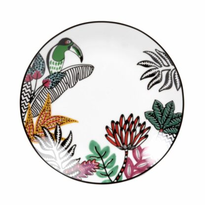 Assiette à dessert en porcelaine blanche imprimé tropical et toucan multicolore Maisons du Monde