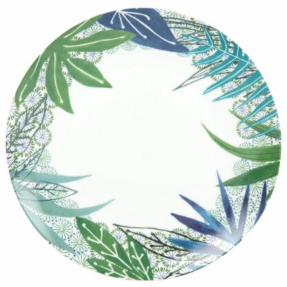 Assiette plate en porcelaine blanche imprimé feuille bleu et vert Maisons du Monde
