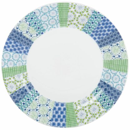 Assiette plate en porcelaine blanche motifs graphiques bleu et vert Maisons du Monde