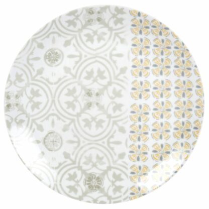 Assiette plate en porcelaine blanche motifs graphiques gris et jaune Maisons du Monde