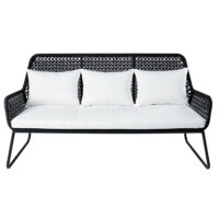 Banquette de jardin 3 places en résine tressée noire et coussins blancs Cuzco Maisons du Monde