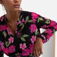 Blouse col V manches longues Imprimé Fleurs Noir SUD EXPRESS