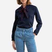 Blouse col lavallière en coton mélangé Marine;Blanc Benetton