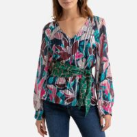 Blouse fleurie col V avec ceinture à nouer Imprimé Multicolore Fond Beige DERHY