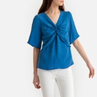 Blouse poitrine drapée manches courtes Bleu Roi Suncoo