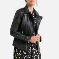 Blouson court zippé en cuir MANGA Noisette;Noir OAKWOOD