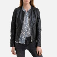 Blouson court zippé en cuir de mouton MICHELLE Noir OAKWOOD