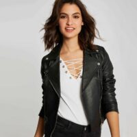 Blouson en cuir zippé Noir Morgan