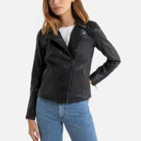 Blouson zippé en cuir agneau Noir Naf Naf