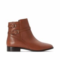 Boots en cuir talon plat double brides Noir ou Camel LA REDOUTE COLLECTIONS