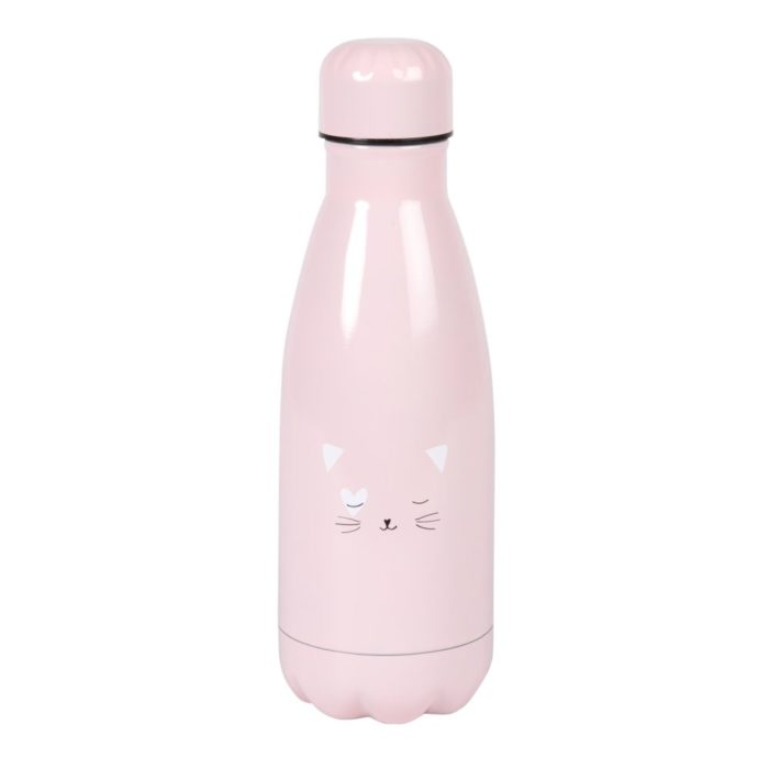 Bouteille isotherme en acier rose et blanc imprimé chat 0