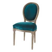 Chaise médaillon en velours et chêne massif bleu canard Louis Maisons du Monde