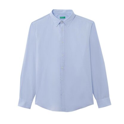 Chemise coupe droite manches longues Blanc - Bleu Ciel Benetton