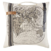 Coussin en coton beige imprimé carte du monde et cuir 45x45 Maisons du Monde