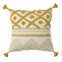 Coussin en coton écru motifs graphiques jaune moutarde à pompons 40x40 Maisons du Monde