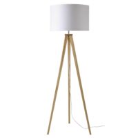 Lampadaire trépied en frêne avec abat-jour en coton blanc H156 Maisons du Monde