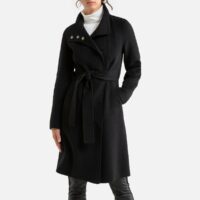 Manteau mi-long à col montant et ceinture Noir Benetton