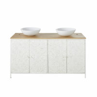 Meuble double vasque 4 portes en manguier et métal blanc sculpté Kaloa Maisons du Monde