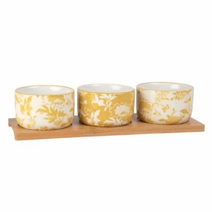 Plateau apéritif en bambou 3 bols en faïence blanche et jaune moutarde imprimée Maisons du Monde