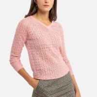 Pull col V en fine maille pointelle Rose;Marron Anne weyburn