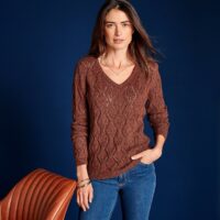 Pull col V en maille pointelle Bleu Indigo;Rose Lilas;Marron Rougi Anne weyburn