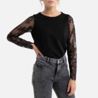 Pull col bateau et manches en dentelle Noir MOLLY BRACKEN