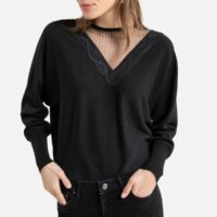 Pull col rond avec empiècement dentelle Noir LA REDOUTE COLLECTIONS