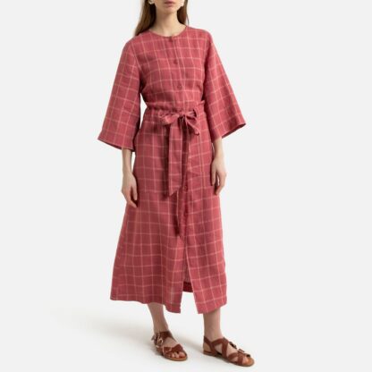 Robe chemise col rond imprimé à carreaux en lin Carreaux Rouge LA REDOUTE COLLECTIONS