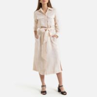 Robe chemise manches longues en lin Rayé Beige LA REDOUTE COLLECTIONS