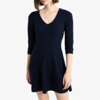 Robe courte patineuse à col V et manches 3/4 Bleu Marine Benetton