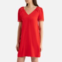 Robe courte unie à col V et manches courtes CHARME Rouge Suncoo