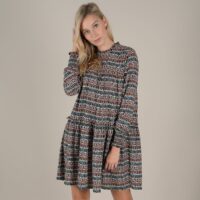 Robe évasée courte manches longues imprimée Imprimé Multicolore Fond Écru MOLLY BRACKEN