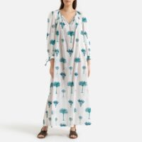 Robe longue ample imprimée Blanc/Bleu Antik batik