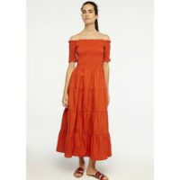 Robe longue évasée coton à fronces et smocks Brique COMPANIA FANTASTICA