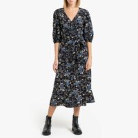 Robe portefeuille longue à manches 3/4 MAUD Imprimé Fleurs Fond Noir PETITE MENDIGOTE