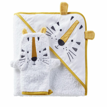 Sortie de bain bébé en coton blanc avec tête de tigre jaune moutarde et noire Maisons du Monde