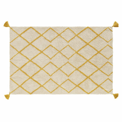 Tapis berbère en coton écru motifs graphiques jaune moutarde 120x180 Maisons du Monde