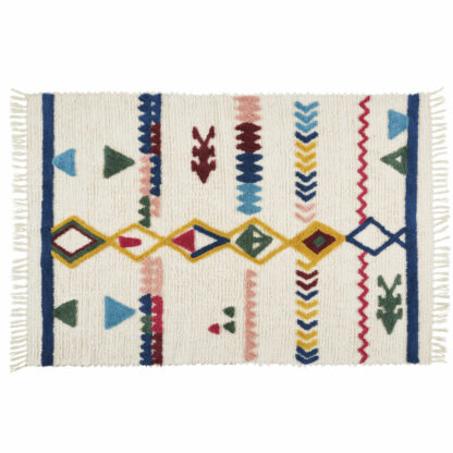 Tapis en coton et laine écru motifs multicolores à franges 140x200 Maisons du Monde