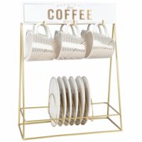 Tasses en porcelaine blanche motifs dorés (x6) et support en métal Maisons du Monde