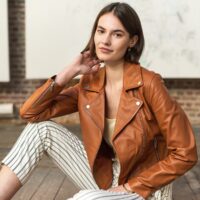 Veste biker en cuir coupe ajustée Rouge Bordeaux;Vert Kaki;Gris Taupe;Noir LA REDOUTE COLLECTIONS