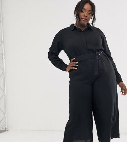 ASOS DESIGN Curve - Combinaison jupe-culotte façon chemise avec ceinture-Noir Asos