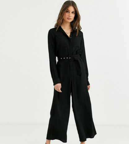 ASOS DESIGN Tall - Combinaison chemise avec ceinture nouée et jambes style jupe-culotte-Noir Asos