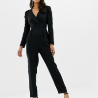 Forever New - Combinaison à décolleté plongeant et imprimé léopard texturé-Noir Asos