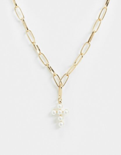Glamorous - Collier à chaîne chunky et pendentif croix orné de perles-Doré Asos