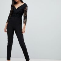 Little Mistress - Combinaison ajustée avec manches en dentelle - Noir Asos