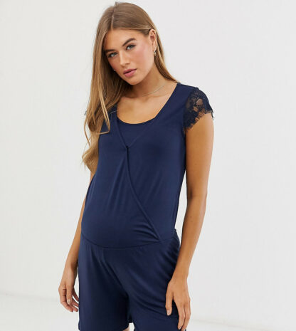 Mamalicious Maternity - Combishort d'allaitement en jersey bordé de dentelle - Bleu-Navy Asos