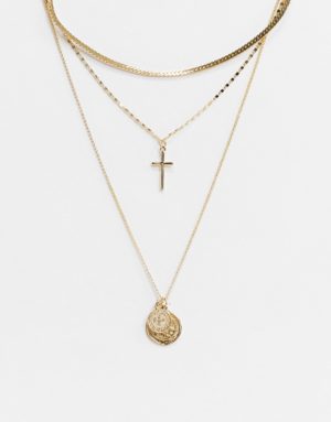 Topshop - Collier multi-rangs avec pendentifs croix et disques - Doré Asos