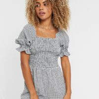 Topshop - Combishort froncé à carreaux vichy-Noir Asos