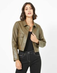 Blouson court en faux cuir uni kaki Jacqueline Riu