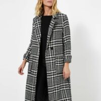 Manteau long en aspect lainage Prince de Galles noir Jacqueline Riu